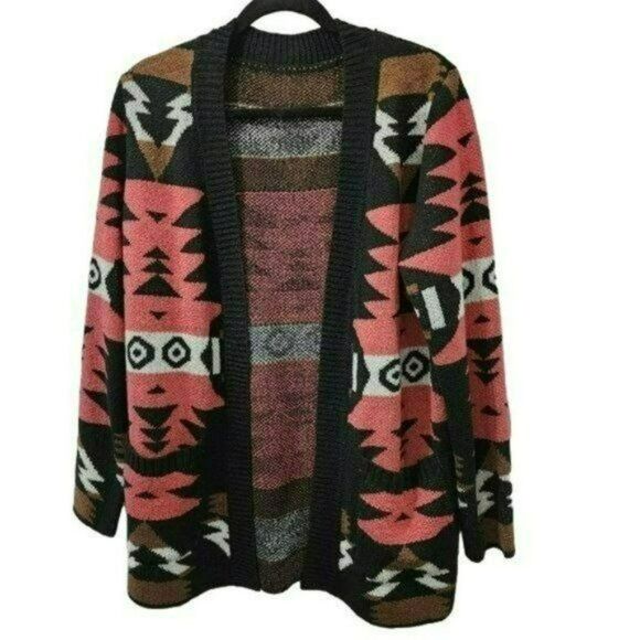 Tribal‎ Western Boho Print Black Pink Oversized Cardigan Lightweight Coat Size M - Picture 3 of 16